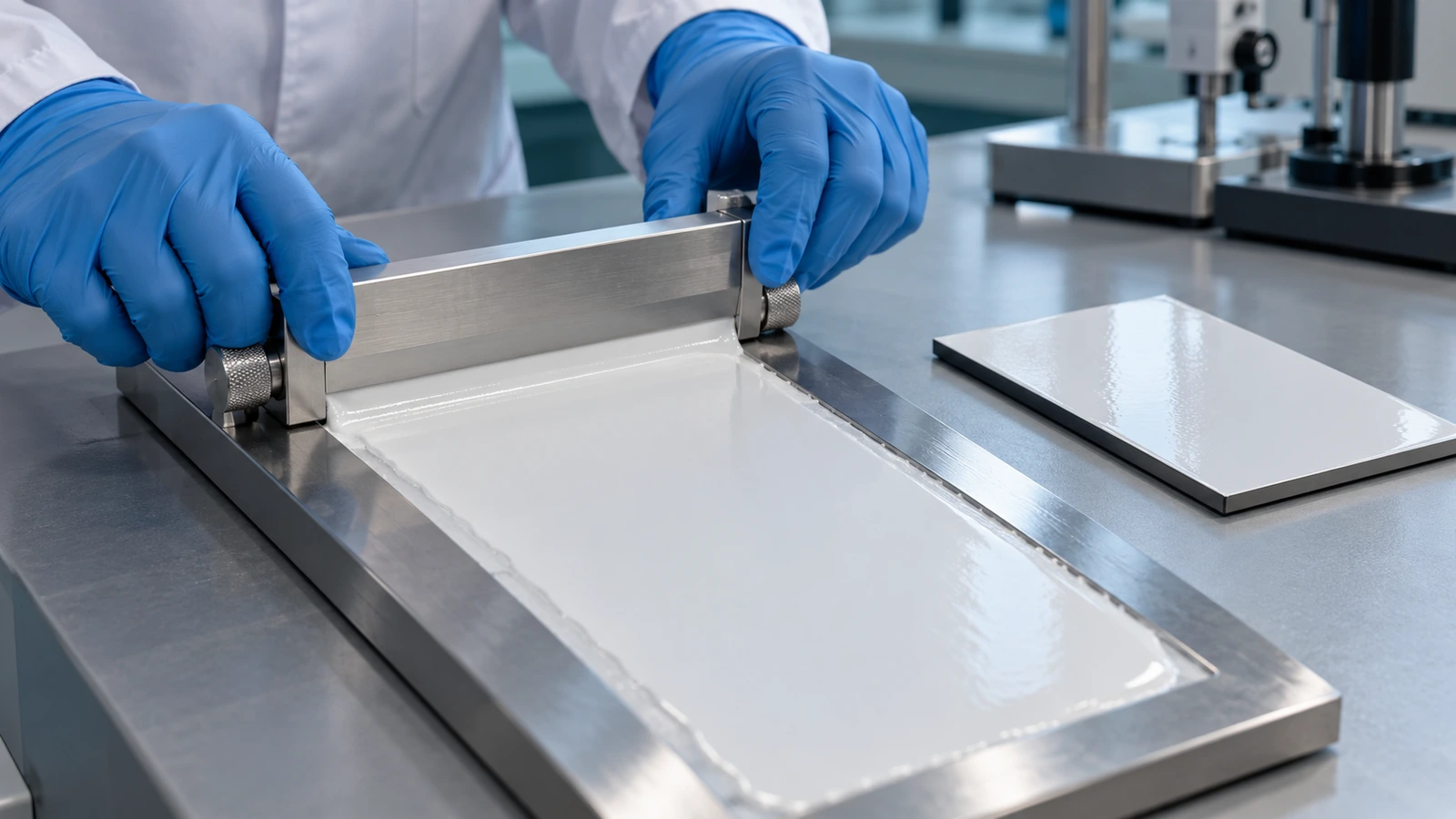 Coating film application in a materials laboratory — conceptual illustration