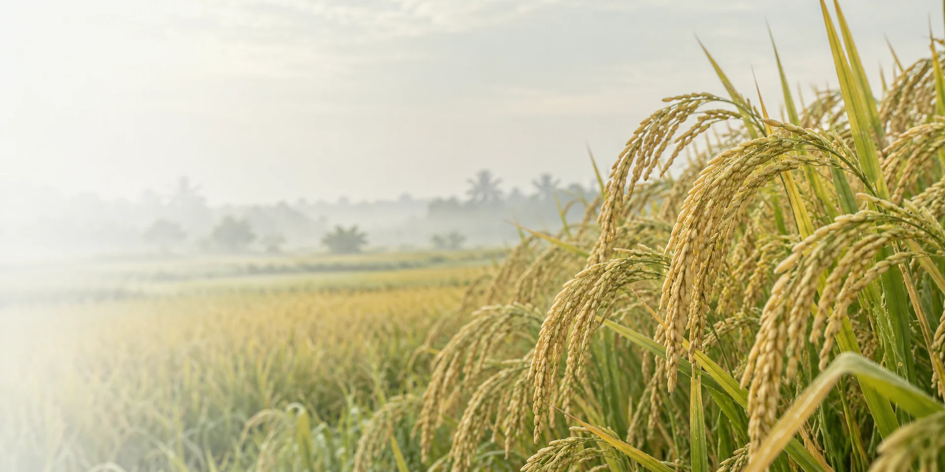 Heavy golden rice panicles in a softly lit rice field.