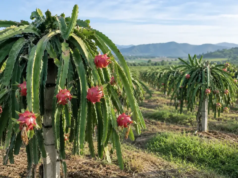 Binh Thuan dragon fruit orchard with ripe fruit on posts
