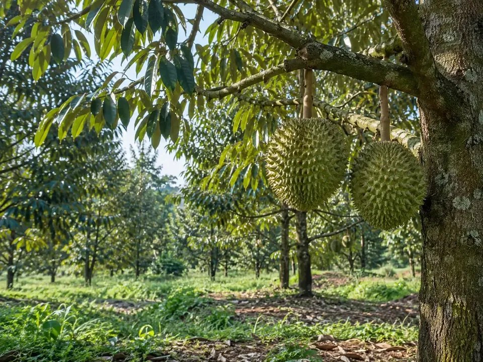 Dak Lak durian orchard with fruit hanging on the trees