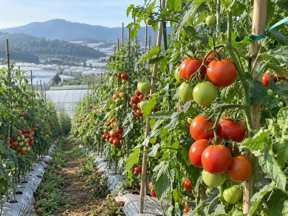 Lam Dong tomato garden with fruit clusters on trellises