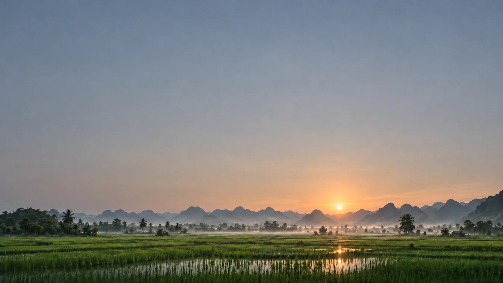 Sunrise over misty rice paddies and limestone hills in Vietnam