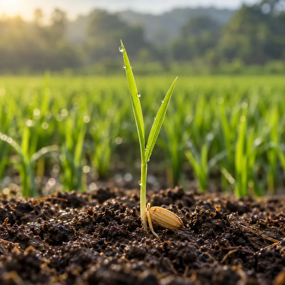 Rice seed sprouting in moist soil