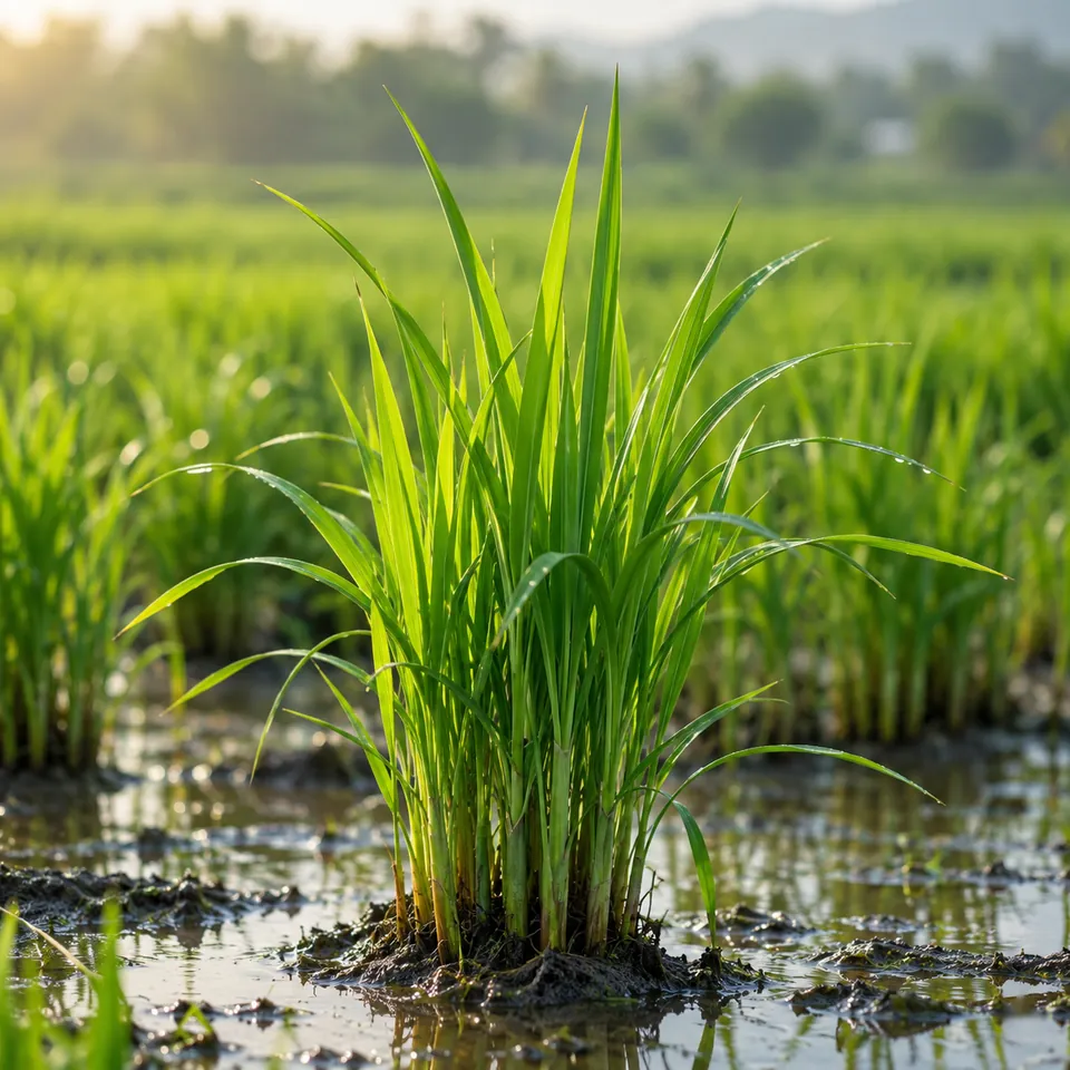 Young rice plant tillering in a flooded paddy